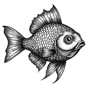 recommend clip art: Black and white Vintage engraved art of a stylized fish with intricate scales, isolated on white background, ink sketch illustration, simple vector art design, highly detailed line art