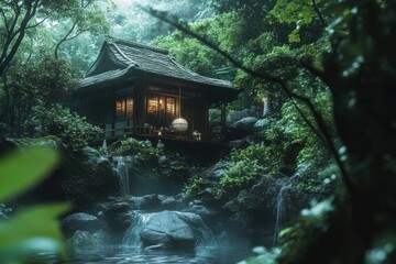 Cozy tea house nestled in a lush forest with cascading waterfalls offering tranquility and peace