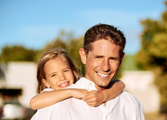 Fototapeta premium Portrait, girl or piggyback in park with single dad, smile and trust in nature on fun weekend break. Parent, father or child outside with love, care or daughter on outdoor holiday vacation together