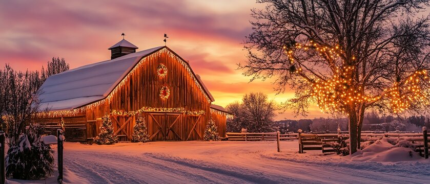 A picturesque, snow-covered barn illuminated by warm lights at sunset, creating a serene winter landscape. Christmas farm concept.