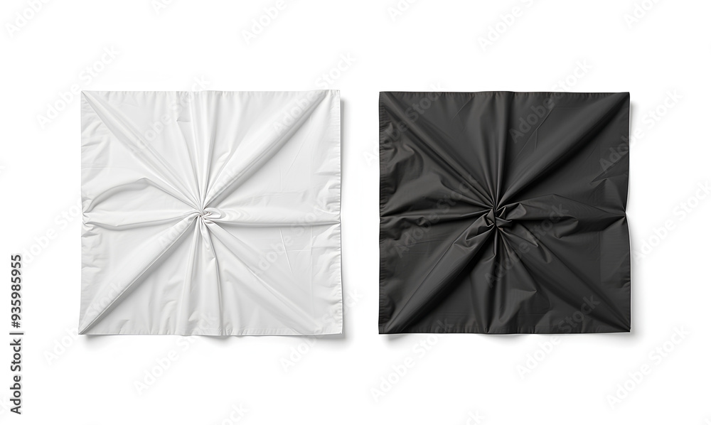 Wall mural Blank black and white twill silk scarf mockup, top view.