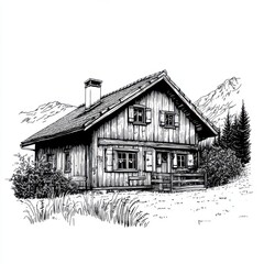 Black and white Vintage engraved art of a Swiss chalet, isolated on white background, ink sketch illustration, simple vector art design, highly detailed line art, high contrasty