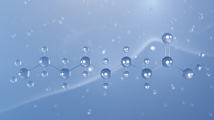 caprylic acid molecular structure, 3d model molecule, saturated fatty acid, structural chemical formula view from a microscope
