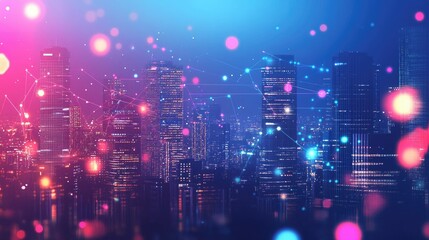 Big data connection technology. Cityscape telecommunication and communication network concept.