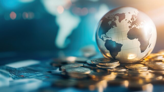 Close-up of a glass globe on coin stacks, with a blurred map in the background, representing global finance, investment, and economy concepts.
