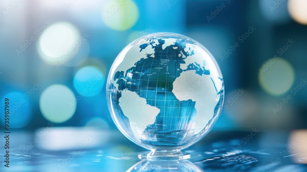 Aufkleber Globe with digital overlay in a blue bokeh background. Represents global business, technology, and connectivity in a modern world.
