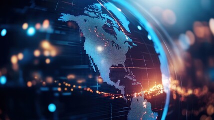 Futuristic digital globe showcasing North America with glowing lights and network connections. High-tech representation, global technology.