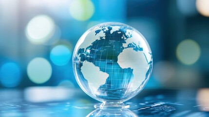 Globe with digital overlay in a blue bokeh background. Represents global business, technology, and connectivity in a modern world.