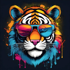 Obraz premium Funny colorful tiger with sunglasses, graffiti artwork style. Printable design for t-shirts