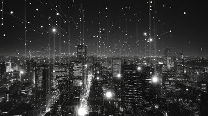 Obraz premium Black and white smart city with data communication flow network, communication technology concept
