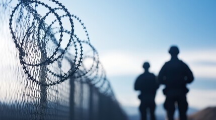 Two military soldiers patrol a barbed wire fence during sunset, showcasing security, defense, and vigilance.