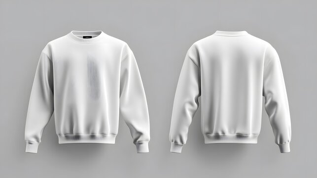white sweatshirt, front and back view, blank template, plain design, crew neck, long sleeves, ribbed cuffs and waistband, realistic 3D rendering, studio lighting, grey background.