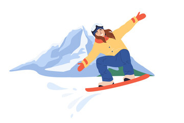 Fototapeta premium Happy girl snowboarder jumping. Young woman on snowboard. Extreme winter sport activity outdoors. Flat vector illustration isolated on white background