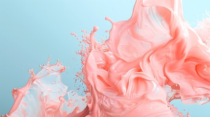 Abstract pastel coral pink paint with pastel blue background, fluid and minimal with copy space