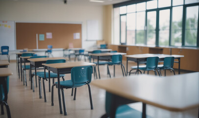 Empty desks and chairs sit in a classroom waiting for students