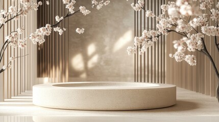 Obraz premium Serene Japanese cherry blossom garden with a circular stone sculpture surrounded by calming soft light and delicate sakura branches.