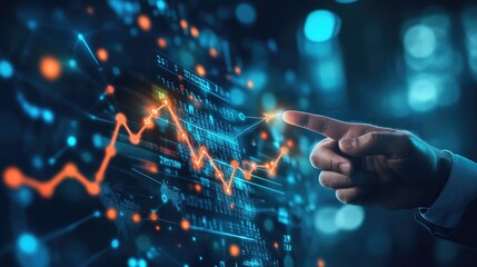 Business development to success and growth of banking and financial on global network. Businessman hold pointing arrow up and graph corporate future growth plan on network structure of business. -