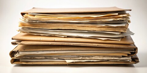 Old folder with stack of papers, file, documents, paperwork, organization, outdated, vintage, office, clutter