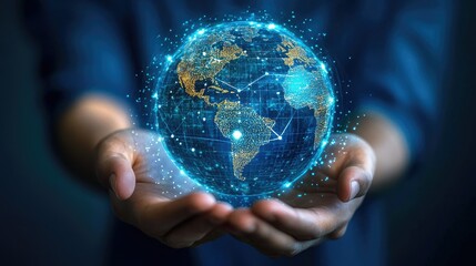 Fototapeta premium Business global internet connection application technology and digital marketing concept. Financial and banking, Digital link tech, big data. Bussinessman Hand holding virtual Global Internet. -