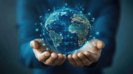Business global internet connection application technology and digital marketing concept. Financial and banking, Digital link tech, big data. Bussinessman Hand holding virtual Global Internet. -