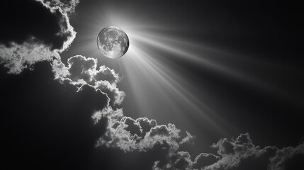 A moonlit night. Thin clouds obscure most of the moon, but rays of light shine through.