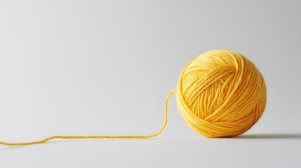 yellow yarn ball, single ball of wool, unwinding thread, curvy string path, white background, copy space for text, minimal composition, crisp details, product photography.