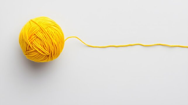 yellow yarn ball, single ball of wool, unwinding thread, curvy string path, white background, copy space for text, minimal composition, crisp details, product photography.