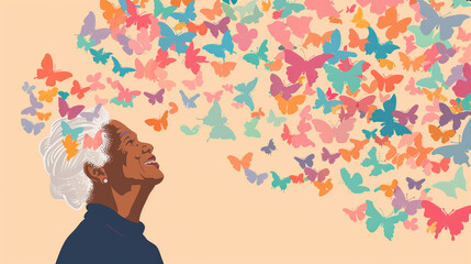 An elderly woman smiles contentedly as a myriad of colorful butterflies swirl around her, creating a joyful ambiance