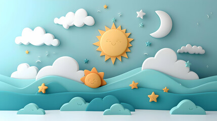 Morning Sunshine and Evening Moonlight 3D Flat Icon Concept   Balance of Daylight and Nighttime with Whimsical Background