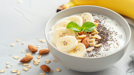 Oats muesli with Greek yogurt, topped with banana slices, chia seeds, and almonds, served in a white bowl with a light background.