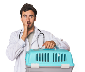 Young Hispanic man as vet with cage is saying a secret hot braking news and looking aside