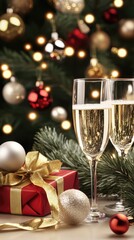 Champagne bottles and elegant glasses sit on a table, embellished with golden ribbons, all set against a dreamy backdrop of sparkling lights to enhance a festive atmosphere