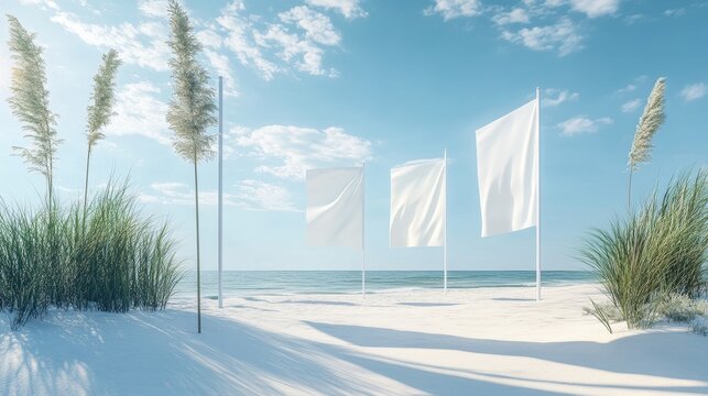 Create 3D mockups of realistic, blank beach flags in various shapes, such as rectangular, feather, and tear-drop, for showcasing branding and messages in outdoor seaside settings.