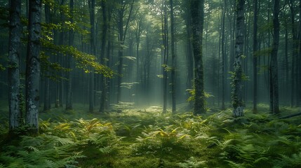 Obraz premium Peaceful forest in the morning with the sun's rays between the leaves of the trees and a faint mist covering everything.
