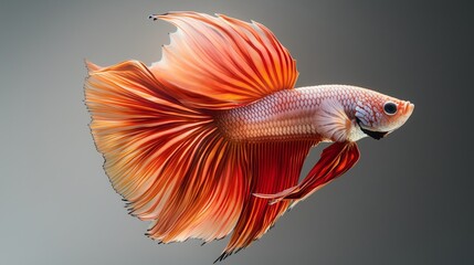 Fototapeta premium A striking Fancy Red Copper Halfmoon Betta fish glides gracefully against a soft grey backdrop.