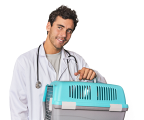 Young Hispanic man as vet with cage looks aside smiling, cheerful and pleasant.