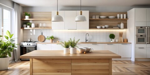 Minimal wooden kitchen island against blurred Scandinavian kitchen background, minimalist, wood, kitchen island