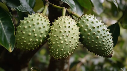 Three Green Spiky Fruits Hanging From a Branch