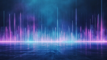 Fototapeta premium A city skyline is reflected in the water, with a purple