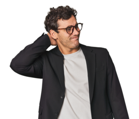 Young Hispanic businessman touching back of head, thinking and making a choice.