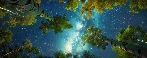 A dense forest of tall poplar trees from a low angle, looking up at the starry night sky and the Milky Way.