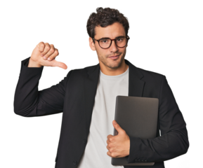 Young Hispanic businessman with laptop feels proud and self confident, example to follow.