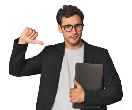 Young Hispanic businessman with laptop feels proud and self confident, example to follow.