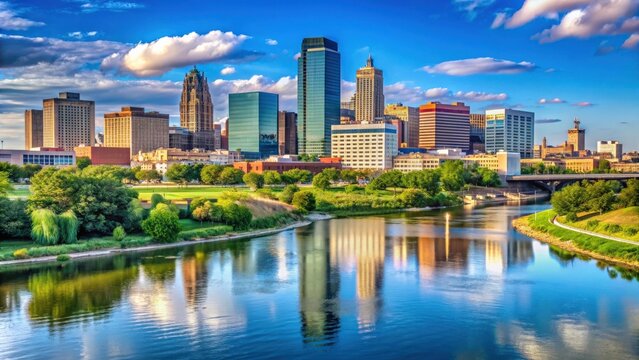Panoramic view of Omaha skyline above the Missouri River, Omaha, Nebraska, USA, skyline, cityscape, river