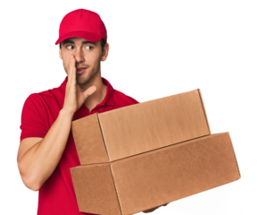 Young Hispanic delivery man with boxes is saying a secret hot braking news and looking aside