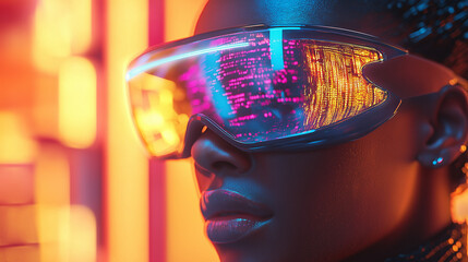A person wears sleek, ultra-modern VR glasses that emit a soft, cool glow. Faint holographic projections around the edges hint at the immersive virtual reality within.