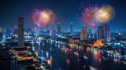 city view and Bangkok with beautiful fireworks -