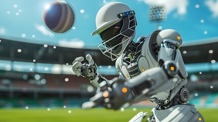 Robot Cricketer Hitting Ball: A robot cricketer executing a perfect stroke, sending the ball flying across the field.