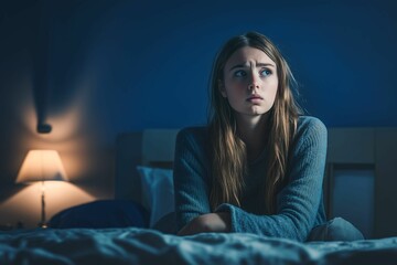 Fototapeta premium A young woman sits on her bed in a dimly lit room, looking anxious and worried, highlighting a moment of nighttime stress.