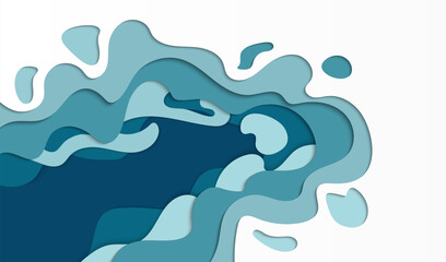 Paper cut sea splash waves blue background. Modern water landscape layout design vector.